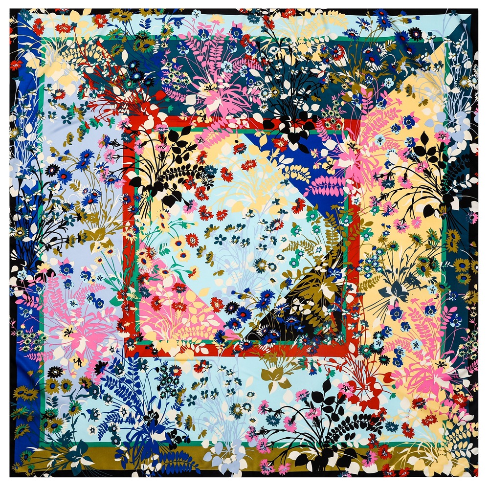 Foulard en soie pour femme, grand châle français, nouveau motif floral et végétal, bandana carré de luxe, hijab, foulard féminin 130CM