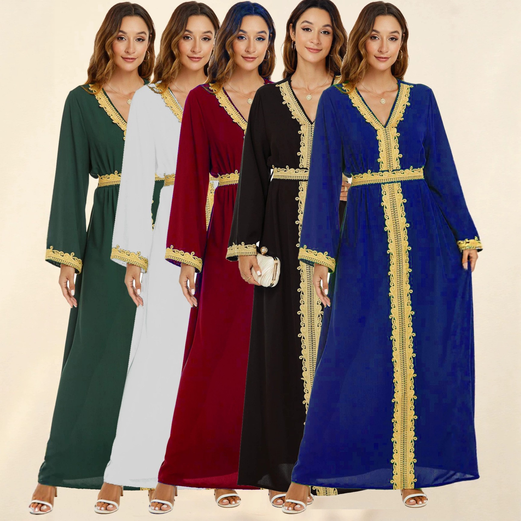 Abaya de Dubaï pour femmes, robe musulmane kaftan, broderie dorée, col en V, robe maxi coupe A, 5 couleurs, pour l'Aïd, le Ramadan, les fêtes, Vestidos