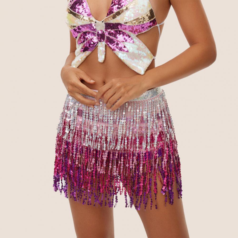 Jupe de danse orientale bohème à taille élastique, avec franges et sequins, pour performance de danse latine et hula en club ou soirée