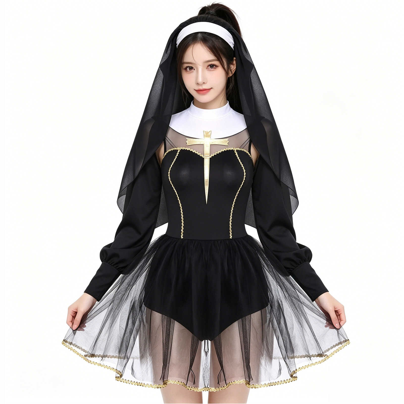 Robe de Cosplay de nonne d'halloween pour femmes, avec capuche en voile, tenue d'église traditionnelle religieuse d'halloween, déguisement de clergé pour sœur
