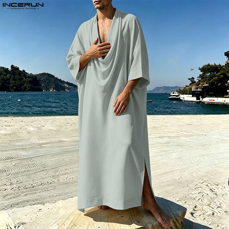 INCERUN Kaftan musulman pour homme, couleur unie, manches 3/4, robes vintage pour homme, caftan ample et décontracté, 2026, Jubba Thobe arabe