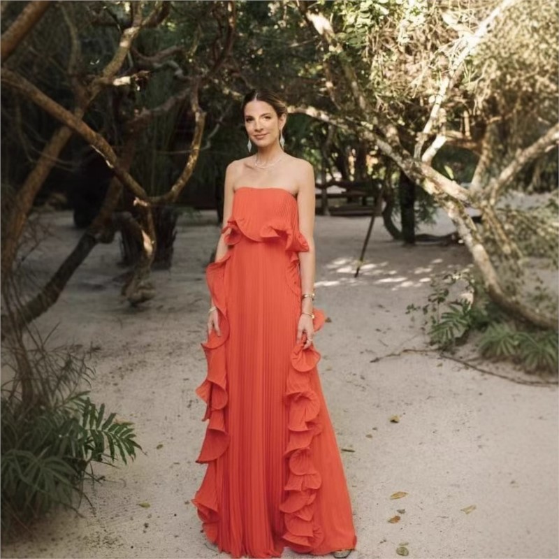 Robe de vacances d'été pour femmes, longue robe formelle en mousseline de soie plissée Orange, sur mesure, à volants, sans bretelles, robe de soirée sur la plage