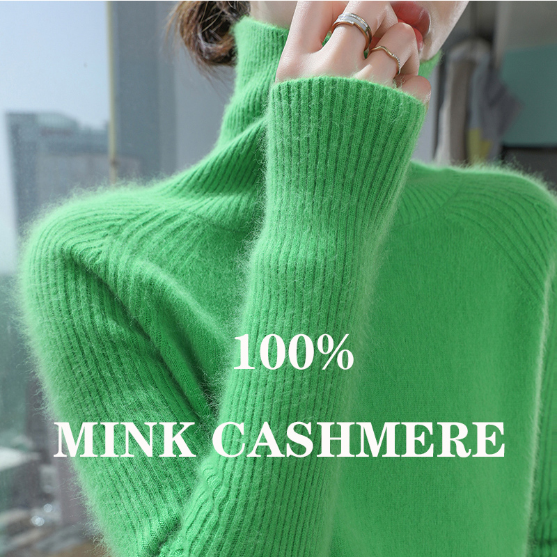 Pull en tricot pour femme automne-hiver 2025, nouveau pull en tricot à col montant en fausse fourrure de vison, ample, à manches longues, chaud, en cachemire