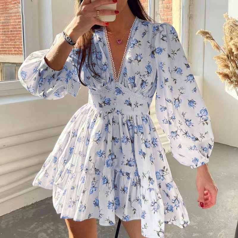 Femmes imprimé fleuri Mini robe taille haute a-ligne été automne à manches longues col en V robes Vintage plage vacances robes décontractées