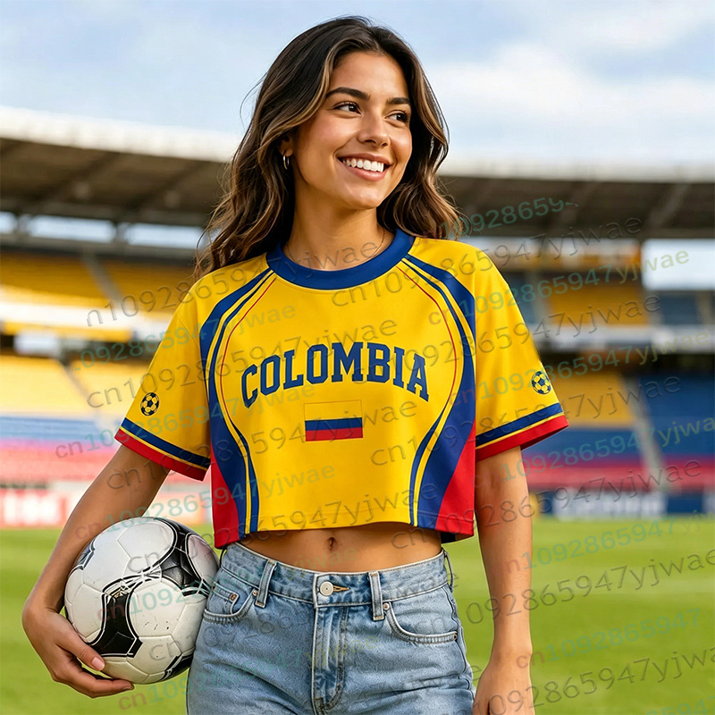 Maillot de football pour femmes et hommes, style cheerleader, Colombie, crop top, décontracté, streetwear, plage, pour les fans de football
