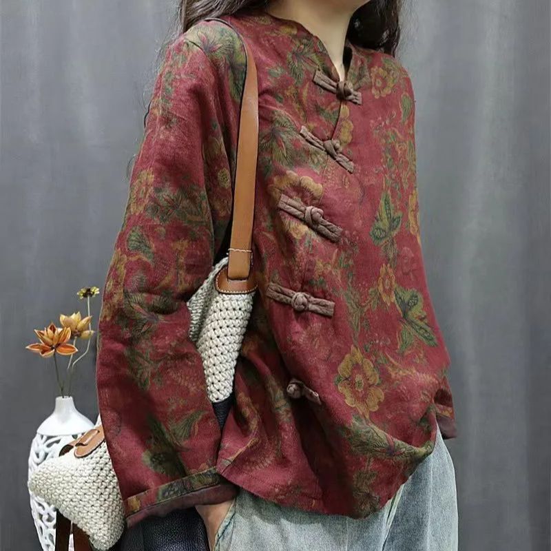 Chemisier Femme Style Ethnique à Motifs Floraux, Col Asymétrique Rétro, Nouveauté Printemps-Automne, Hauts Littéraires en Coton et Lin