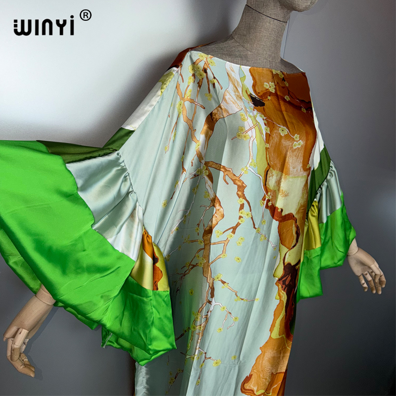 WINYI Robe de soirée bohème d'été à manches bouffantes, Abaya de luxe de Dubaï, Kaftan ample imprimé pour femme, Vêtement musulman, Robe de plage
