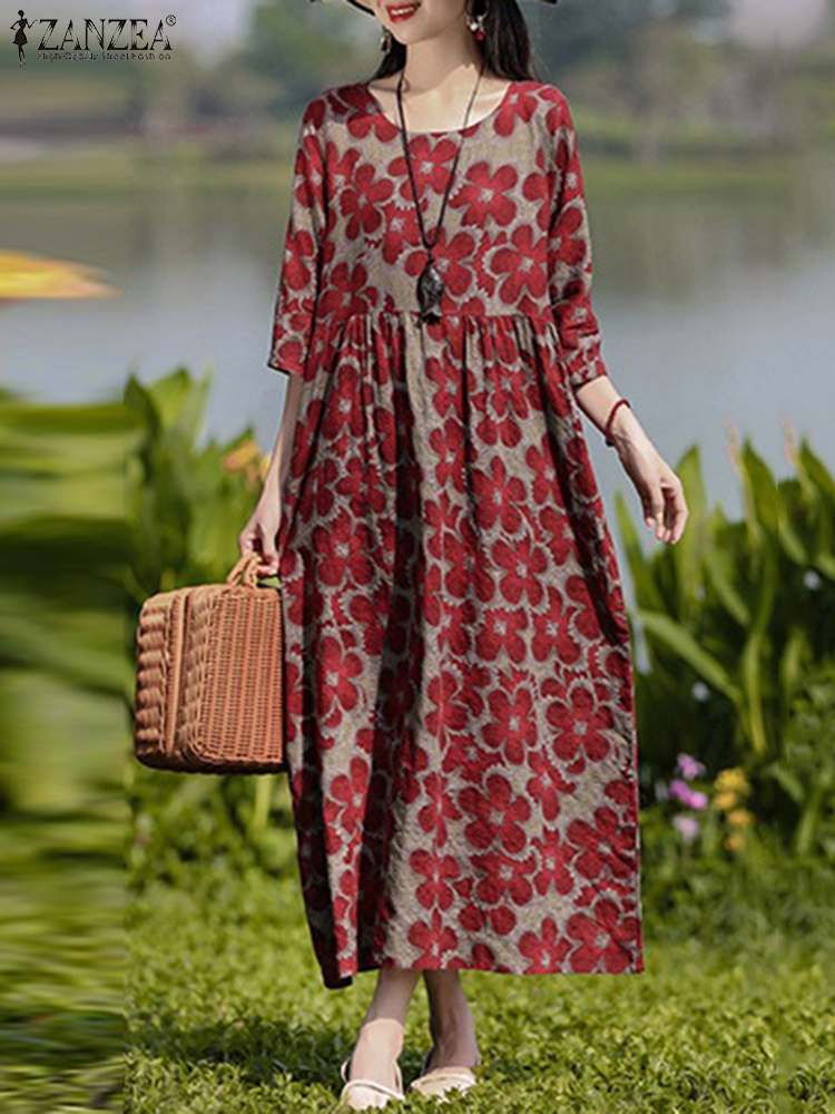 ZANZEA Vintage imprimé fleuri robes femmes bohème Robe longue automne à manches longues Maxi Robe d'été élégant vacances Robe robes