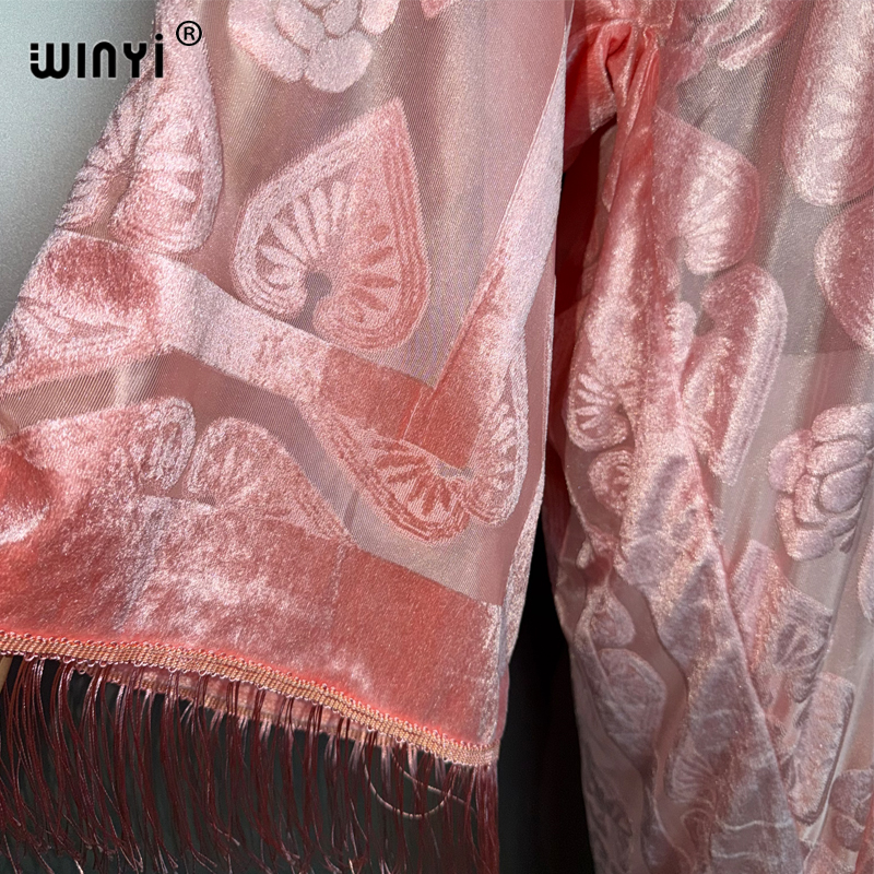 WINYI Kaftan Kimono Maxi Robe Abaya Ouverte Streetwear Perspective Élégante Cache-maillot de Plage Mode Musulmane Manteau