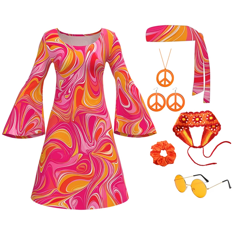 Tenue Disco 7 pièces, Costume Hippie pour femmes, vêtements de Style rétro, robe, signe de paix, accessoires bijoux d'halloween