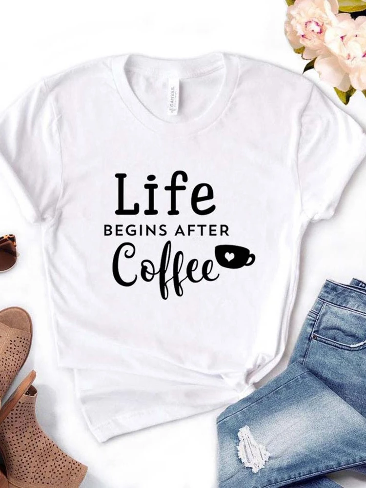 T-shirt manches courtes col rond femme, décontracté, imprimé Life Begins After Coffee
