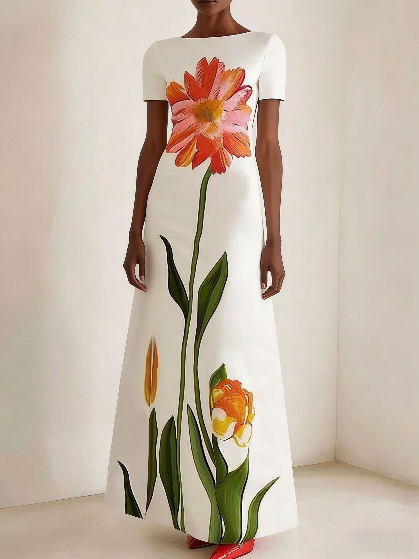 Vêtements d'été pour femmes, nouveau style, imprimé artistique, col rond, manches courtes, robe longue, robe longue rétro ajustée, élégante et tendance, adaptée au quotidien, aux rendez-vous, aux mariages, aux banquets, aux cérémonies de remise des diplômes