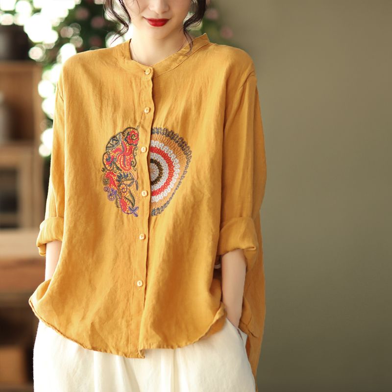 Chemises en lin de coton irrégulières brodées de style ethnique vintage pour femmes, mode à manches longues, chemisiers adt élégants pour dames, Y-Blusa