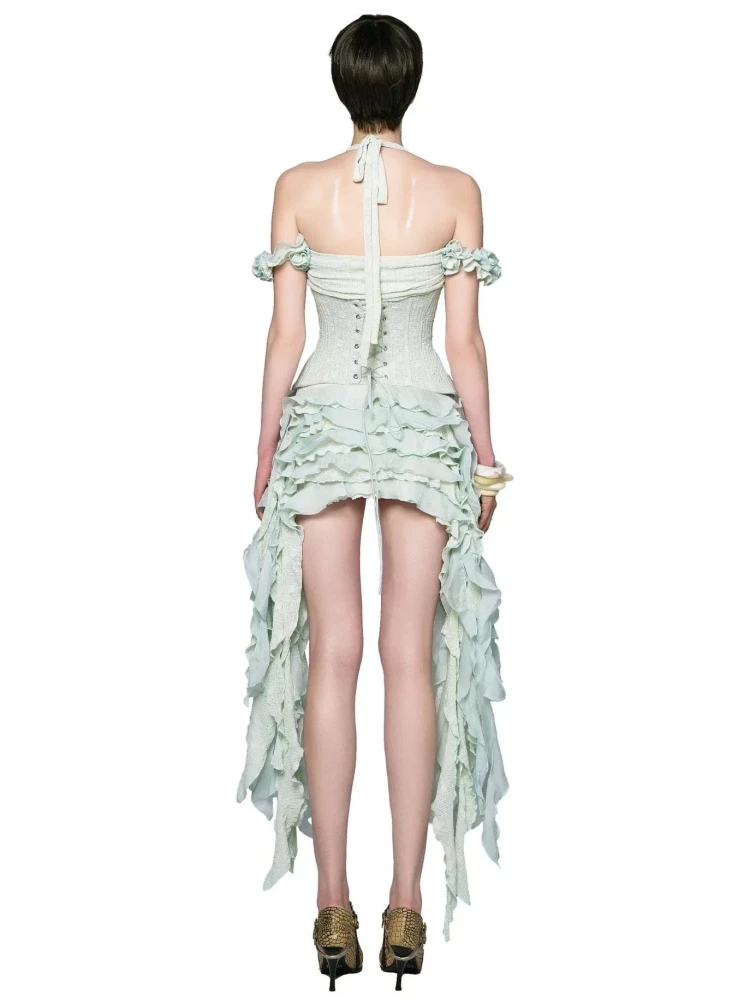 Robe drapée à volants pour femmes, ensemble trois pièces, Sexy, col licou, pliable, haut Corset à lacets, short, costumes de fête, Cocktail