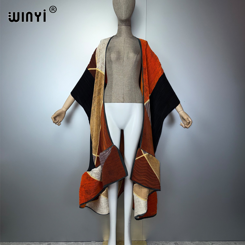 Kimono WINYI tendance pour femme, cardigan plissé imprimé, long manteau abaya, vêtement de plage de luxe Dubaï, robe bohème, caftan