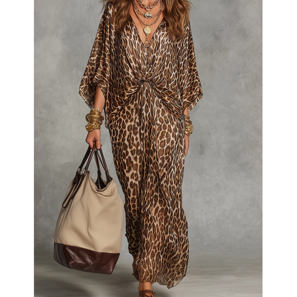 Robe élégante pour femme à imprimé léopard, col en V profond, décontractée, à manches chauve-souris 7/8, pour le printemps et l'automne, idéale pour les vacances