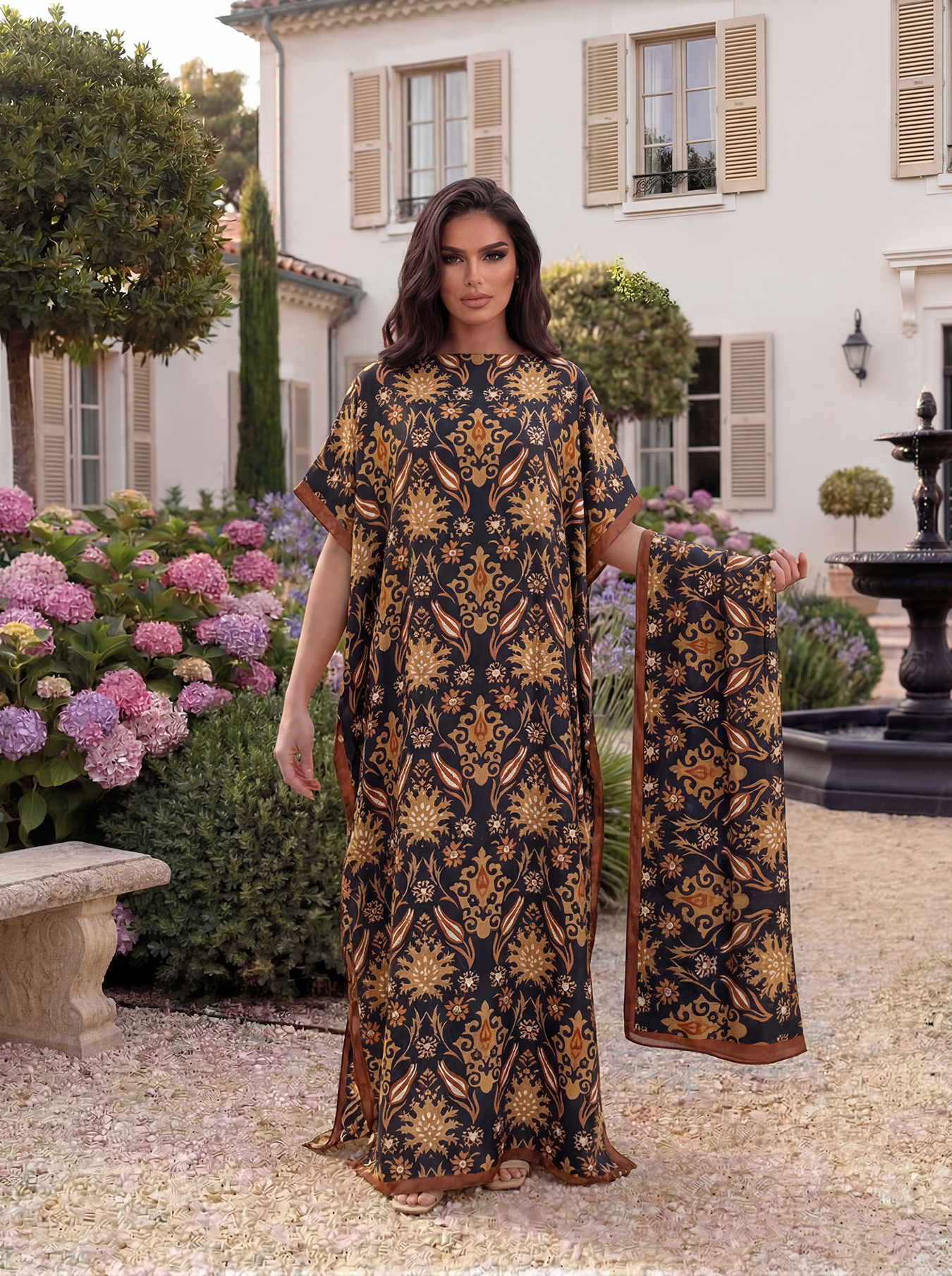 Abaya vintage en satin imprimé floral damassé avec foulard, kaftan maxi ample pour femmes musulmanes africaines, tenue d'été pour la plage et les vacances