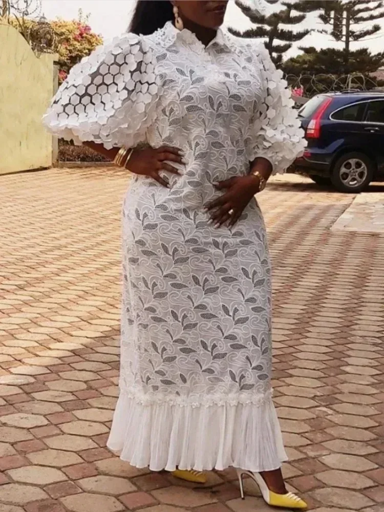 Robes mi-longues en dentelle blanche pour femmes, col rabattu, manches bouffantes, ourlet plissé, vêtements de luxe, élégantes, invités de mariage, occasion