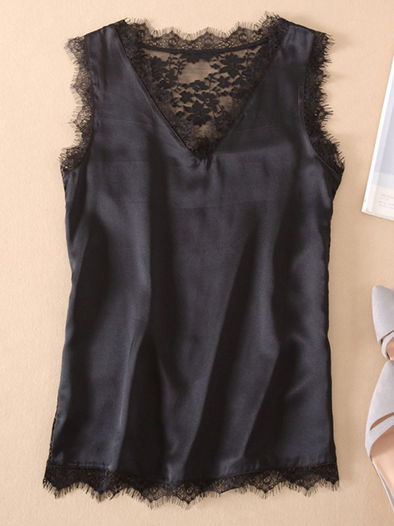 Débardeur Femme en Soie 100% avec Dentelle, Haut Sexy en Satin Fin à Col V Sans Manches – Collection Été 2026