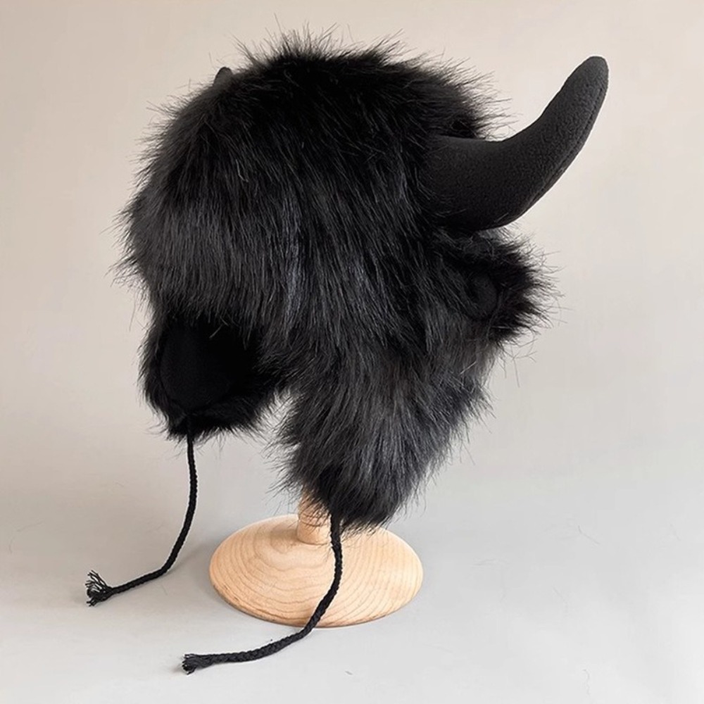 Chapeau Bullhead unisexe de haute qualité, chapeau en fourrure de bison épaisse et moelleuse avec cornes, chapeau coupe-vent avec cache-oreilles