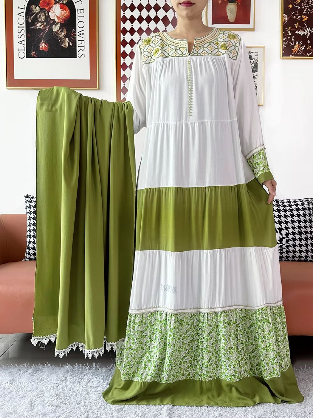Robe africaine Kashkha 2026 brodée en coton, Abaya africaine, Boubou musulman ample avec grand foulard, robe longue pour le Ramadan