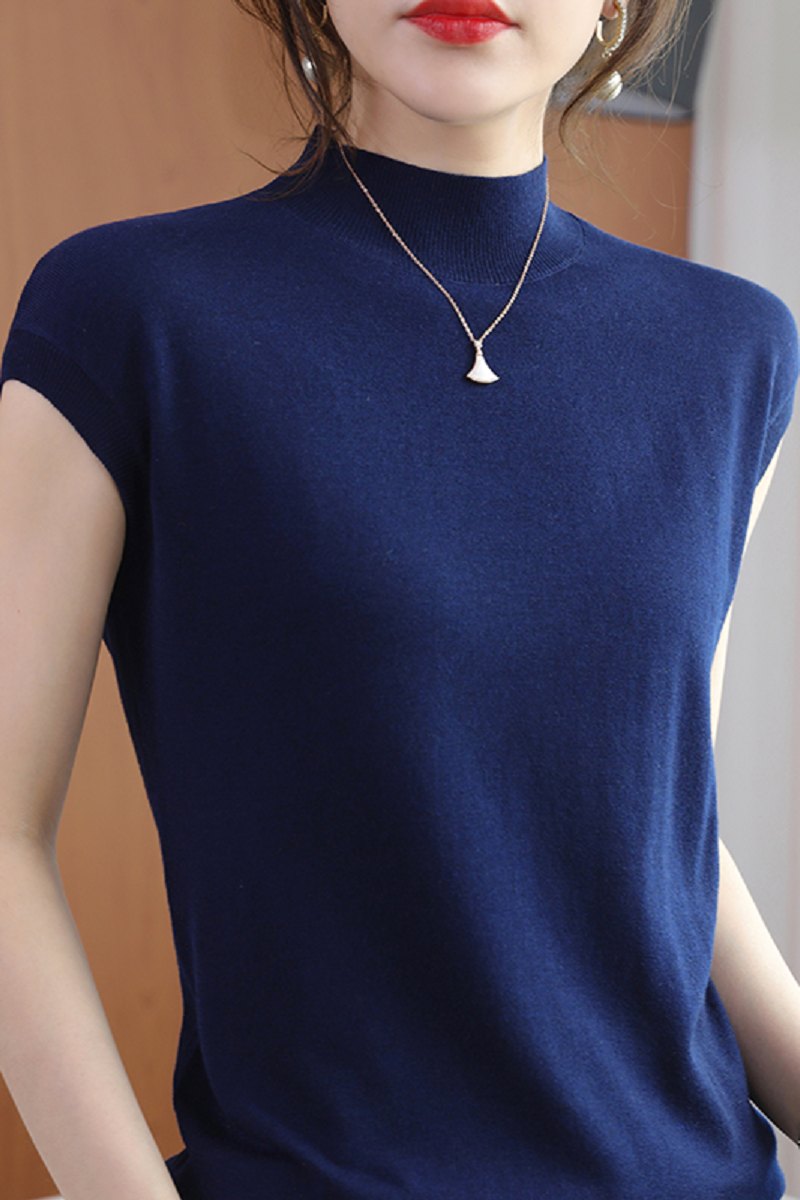 T-shirt à manches courtes en tricot pour femme, demi-col roulé, monochrome, décontracté, mode printemps, été, 2024