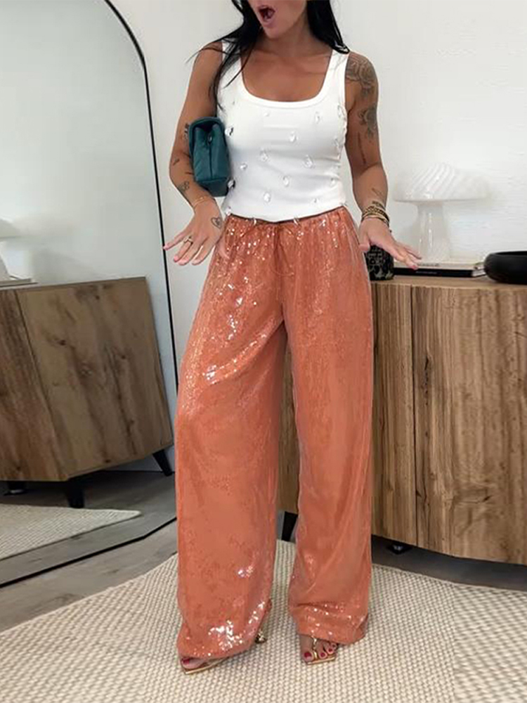 Pantalon décontracté à paillettes pour femmes, ample, taille élastique, jambes larges, mode printemps été 2021, Chic, solide, streetwear pour dames