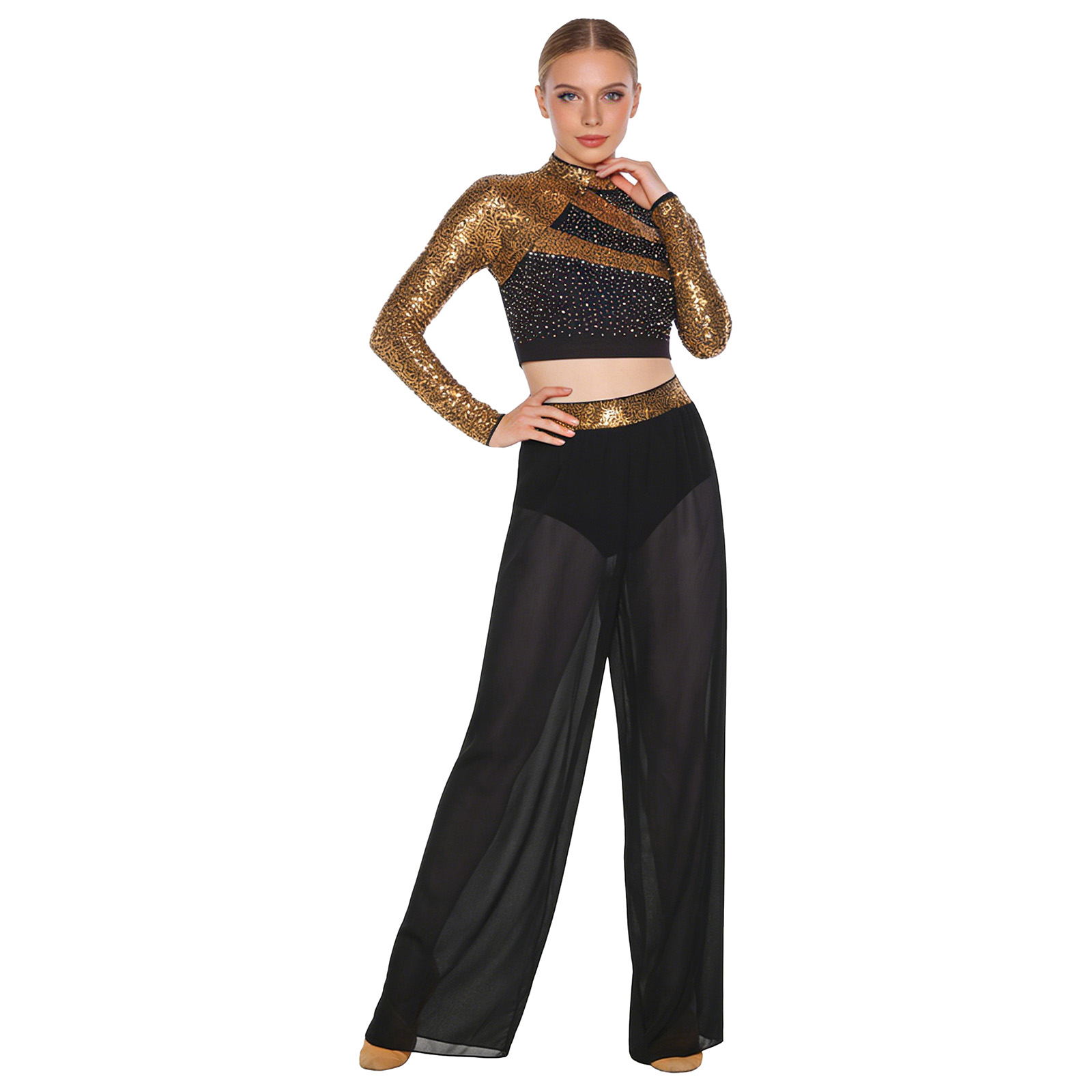 Tenues de danse lyrique 2 pièces pour femmes, costume de danse moderne, haut court à paillettes et strass avec pantalon en tulle à fente latérale, vêtements de danse