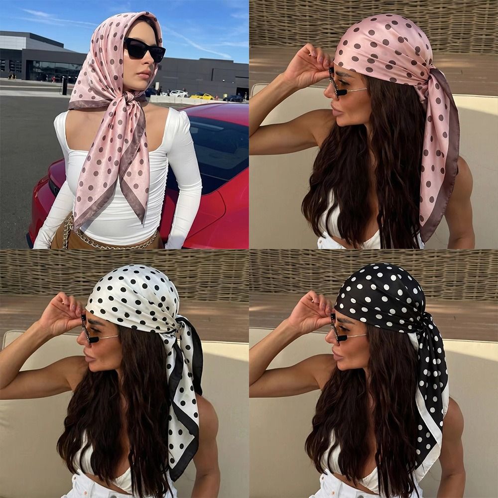 Foulard carré en soie satinée à pois, motif de luxe, 90 cm, bandana, hijab, pour tous les jours et les fêtes