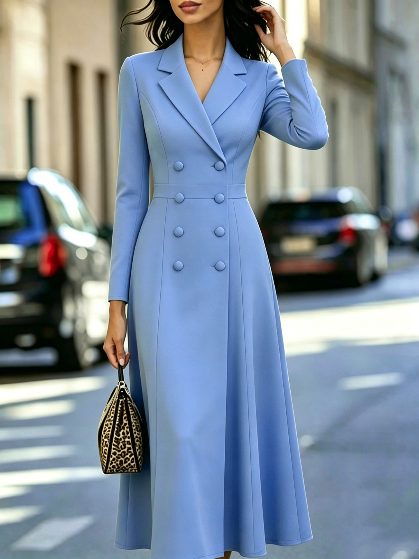 Robe longue élégante et tendance, couleur unie, décontractée, ajustée, style automne-hiver, manches longues, double boutonnage, à taille cintrée.