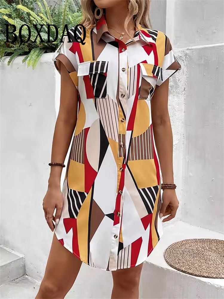 Robe d'été pour femmes, mode géométrique imprimée, manches courtes, robe de soirée élégante, décontractée, boutons, chemises à revers, 2025