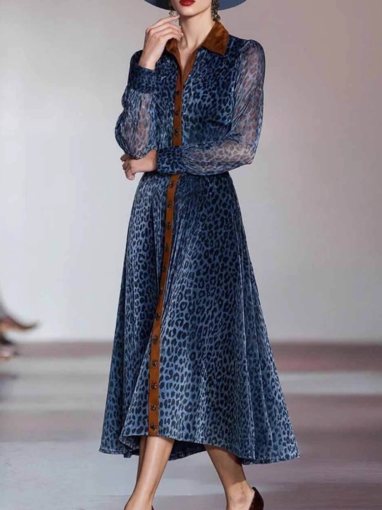 Robe élégante en maille imprimé léopard pour femmes, col à revers, simple boutonnage, Vintage, Chic, manches longues