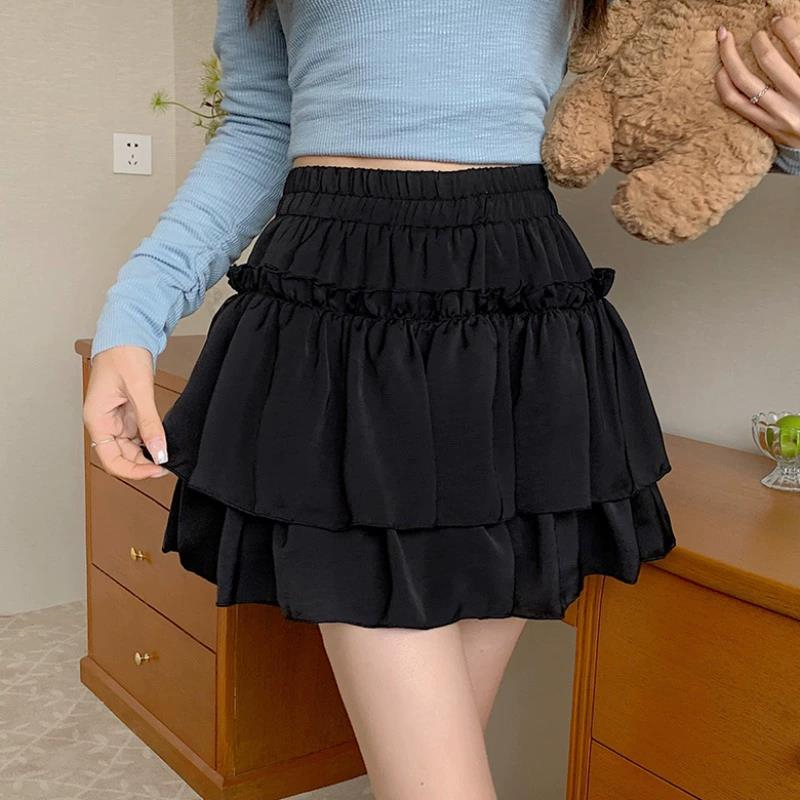 Été Kawaii blanc volants jupe femmes mode coupe ajustée en mousseline de soie Mini jupes Giris Y2k tout Match élastique taille haute noir Faldas