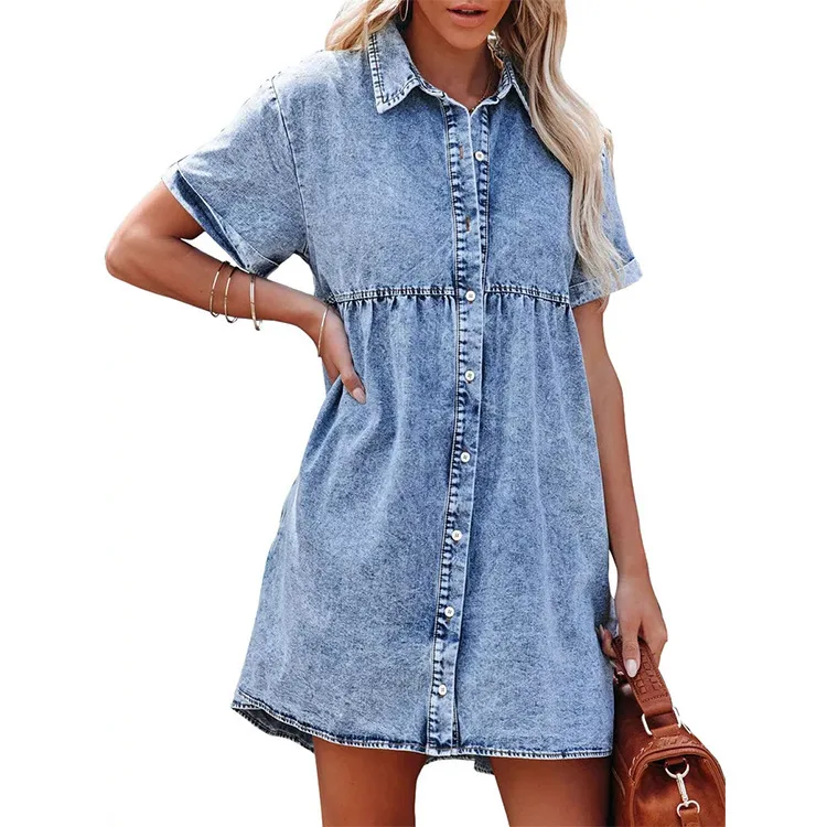Robe chemise en jean pour femmes, manches courtes, col rabattu, en jean, simple boutonnage, haut décontracté, bord à volants