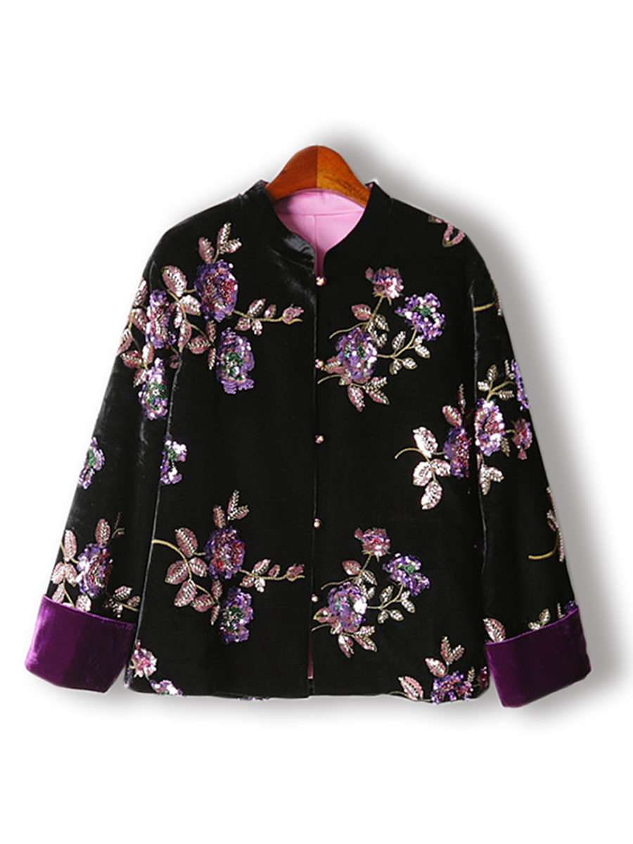 Veste en velours de luxe pour femmes, veste vintage à fleurs brodées et à sequins, élégante, rétro, vêtement d'extérieur tendance, veste statement.