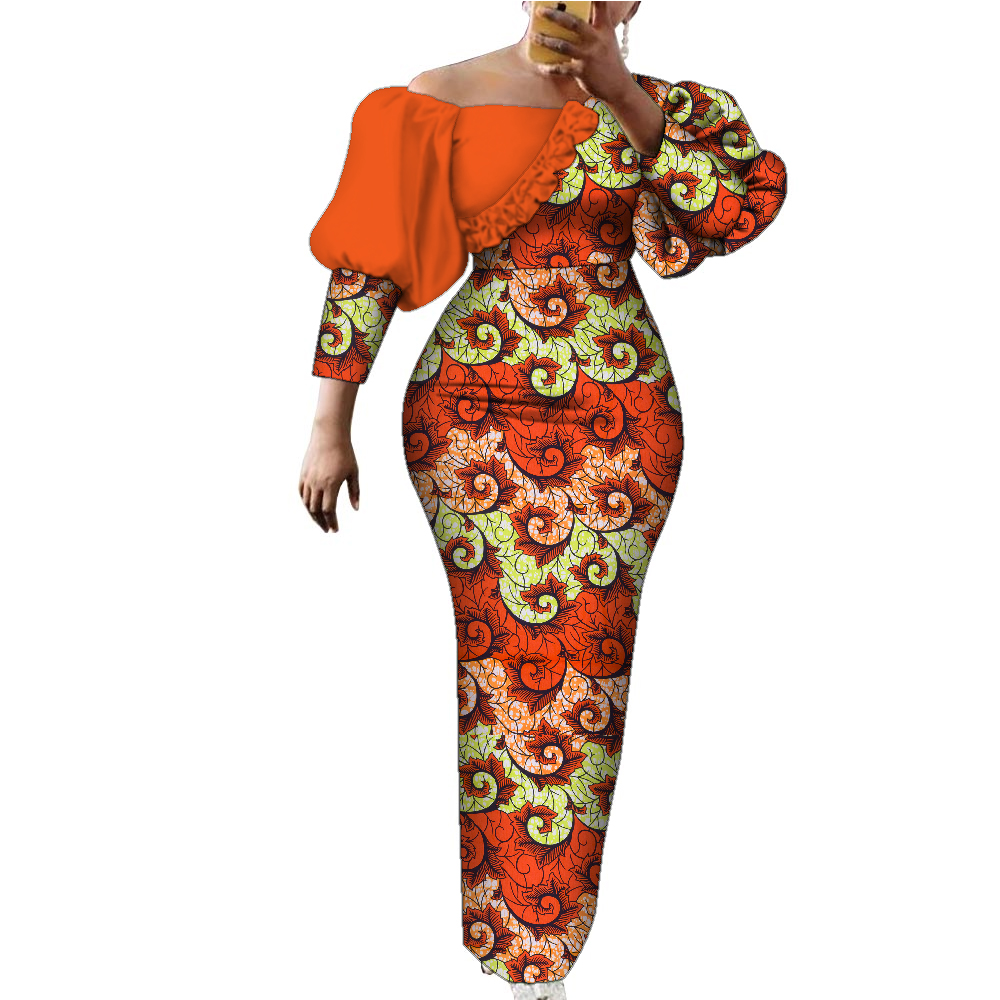 Robe de soirée en coton imprimé africain pour femmes, manches bouffantes, vêtements africains pour femmes, batterie élégante, longue robe de soirée, WY2122