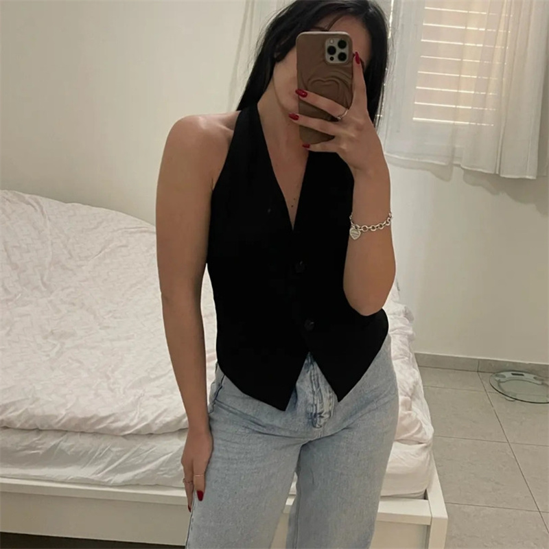 MUJER épaules dénudées gilet sans manches femmes noir blanc recadrée gilet femme mode dos nu col en V manteaux courts gilet d'été