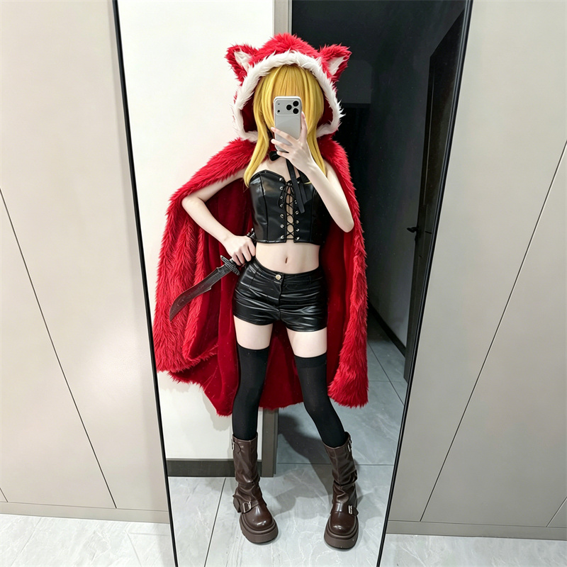 Costume de cosplay Black Souls pour femme, ensemble complet avec cape à capuche rouge Reke, corset et short, pour Halloween et fêtes quotidiennes