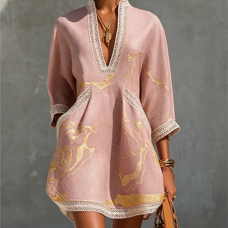 Robe courte bohème à imprimé abstrait pour femme, col en V évidé, manches 3/4, tunique ample, robe de vacances avec poches
