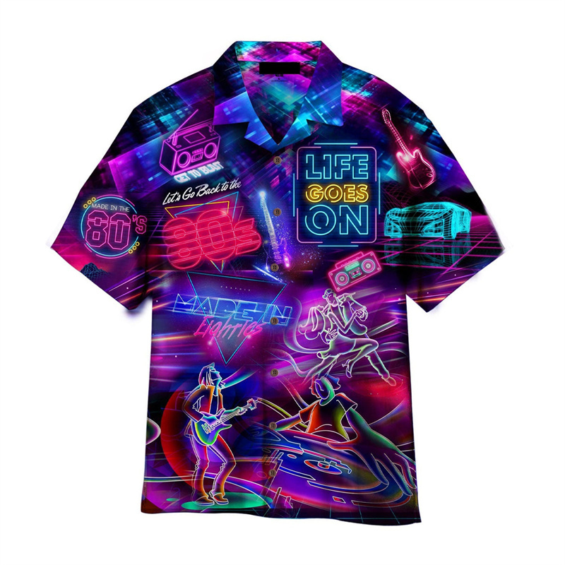 Chemises hawaïennes pour hommes, imprimées en 3D, motifs colorés et musicaux cool des années 80, chemisiers d'été à manches courtes, chemises Aloha amples