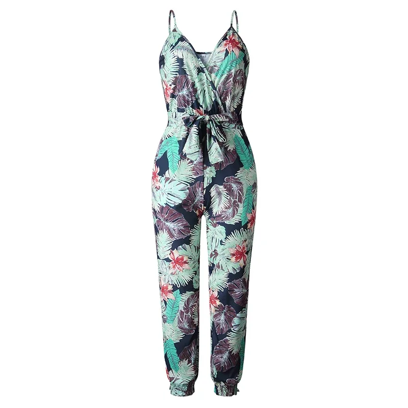 Col en V Sexy Body femmes avec ceinture corps Femme barboteuses Feminino Floral combishort salopette imprimer été combinaison costume pantalon