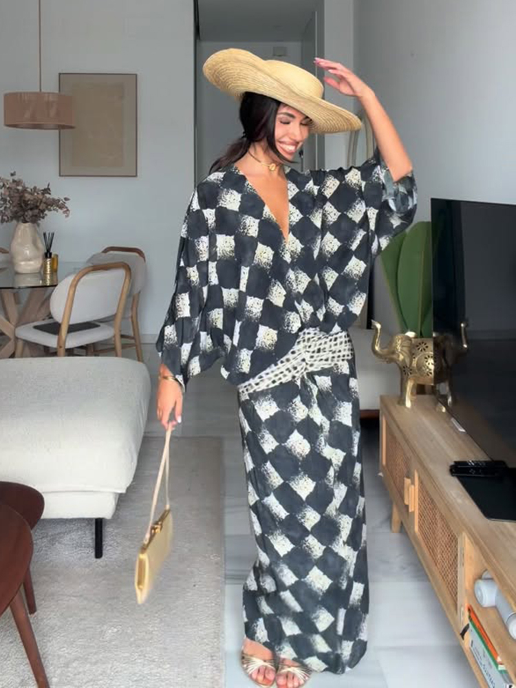 Robe longue élégante à imprimé écossais pour femme, col en V, manches chauve-souris, taille cintrée, collection Printemps-Été 2026, tenue décontractée pour les vacances