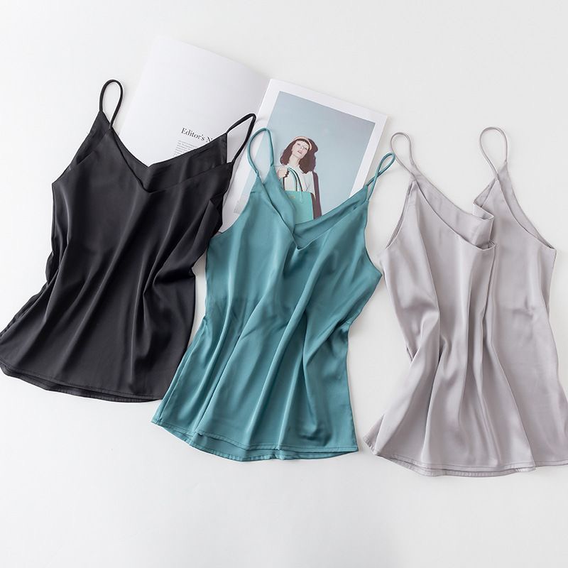 T-shirts pour femmes, élégante blouse en faux satin de soie, débardeurs et camisoles amples décontractés d'été pour femmes, hauts verts unis pour femmes