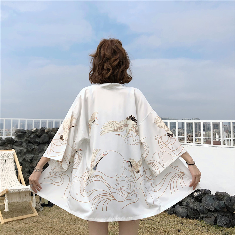 Cardigan Kimono Haori imprimé grue amélioré artistique rétro japonais, décontracté, ample, polyvalent, Protection solaire, veste fine, printemps et été