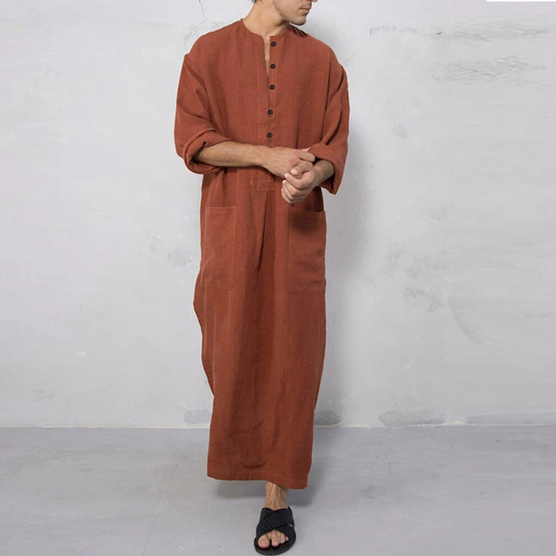 Robes musulmanes pour hommes, couleur unie, manches longues, poches en coton, boutonné, loisirs, Vintage, caftan arabe islamique, dubaï, nouveau