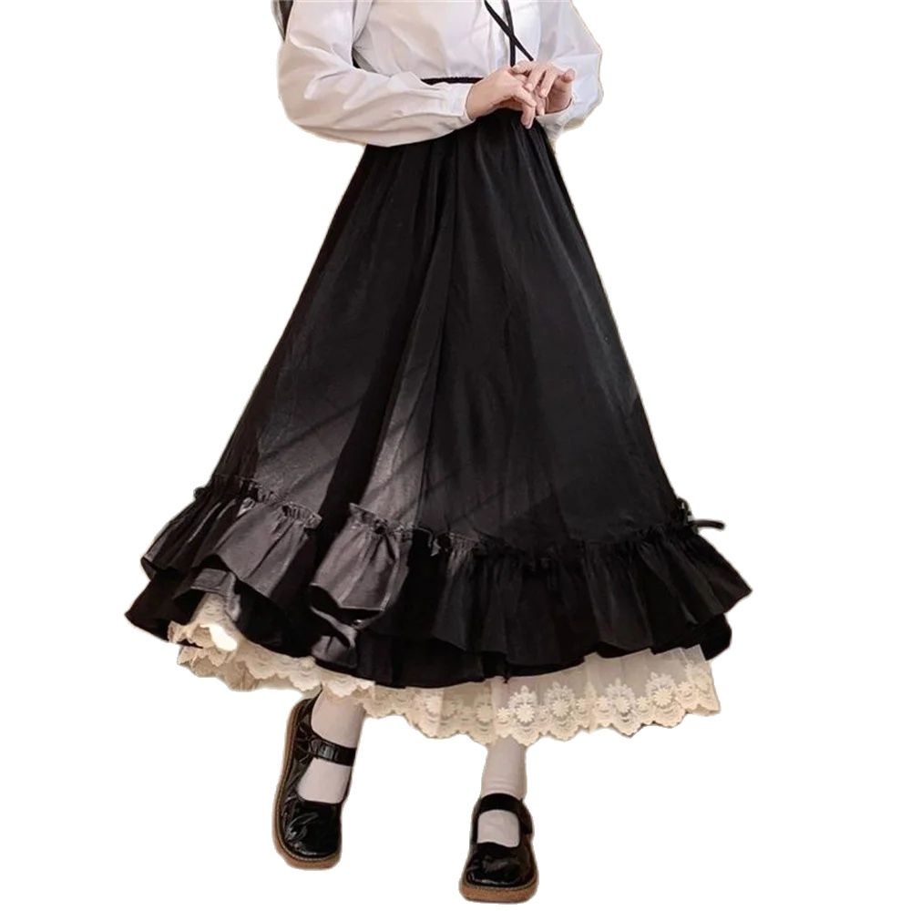 Style coréen noir blanc demi-jupe femme jupes longues japonais couleur unie Double couche Vintage français à volants a-ligne jupe