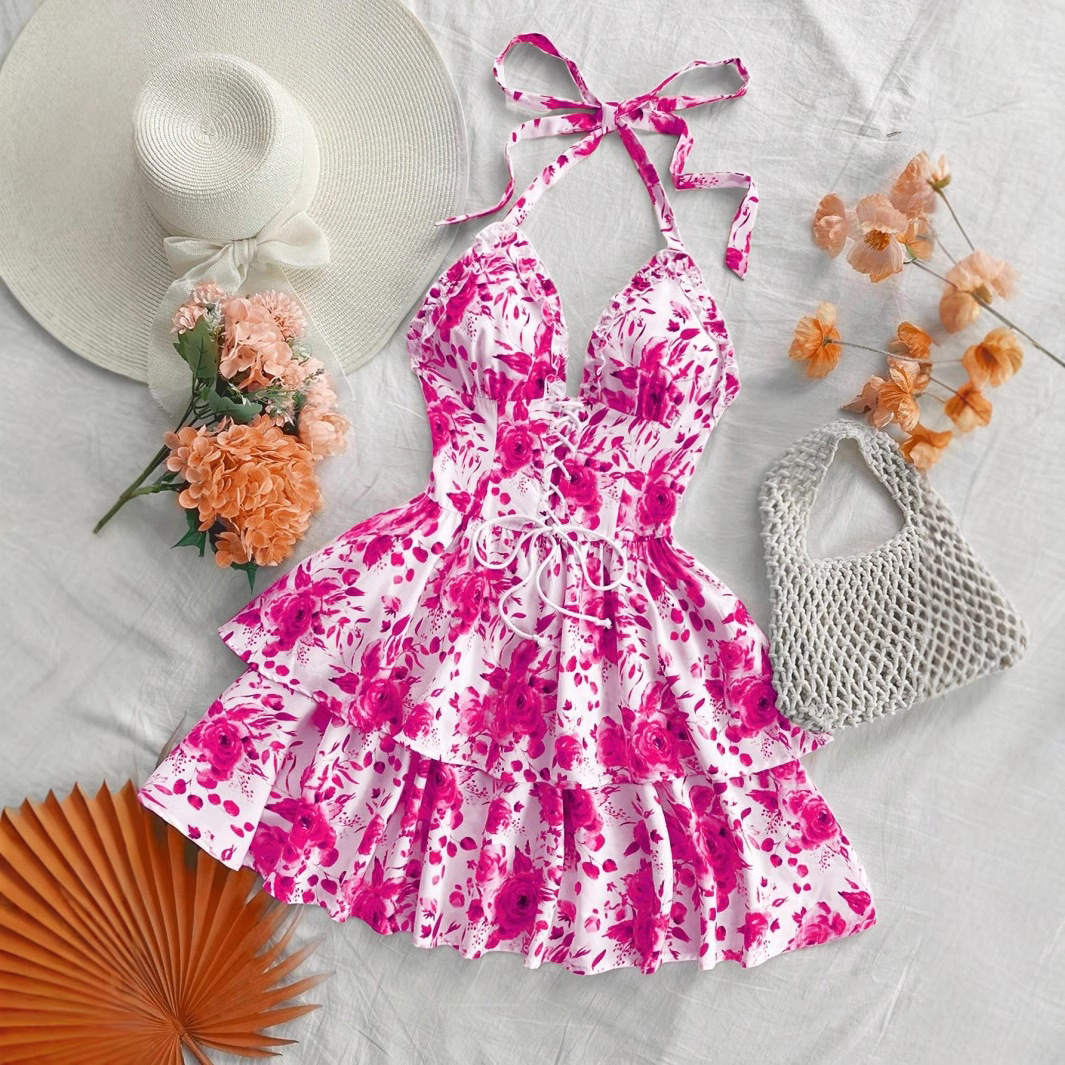 Robe d'été vintage à imprimé floral, style tunique à lacets et volants, mini-robe de plage pour femme, motif rose, XXYL-559