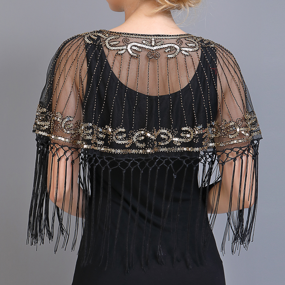 Femmes Vintage années 1920 châle perlé paillettes frange clapet boléro pure broderie florale maille haussement d'épaules Cape fantaisie fête couvrir