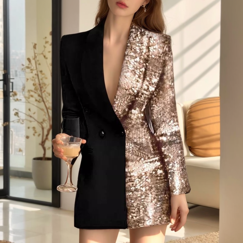Femmes Blouse Style de mode coréenne paillettes Patchwork manteau printemps été col en V à manches longues Colorblock jolie pochette Mini robe