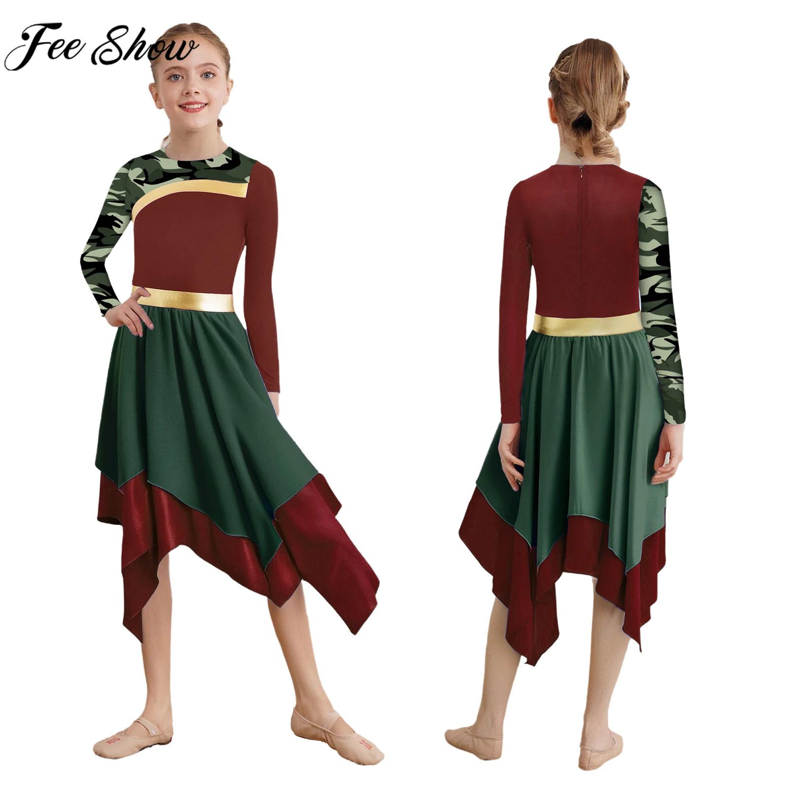 Robe de danse lyrique pour enfants filles, louange liturgique contemporaine, fermeture éclair manches longues, imprimé, ourlet irrégulier, Robe de culte, vêtements de danse